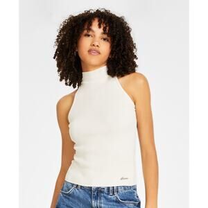 Guess Womens Mock Neck Ribbed Knit Halter Top S White Sleeveless Minimalist Chic